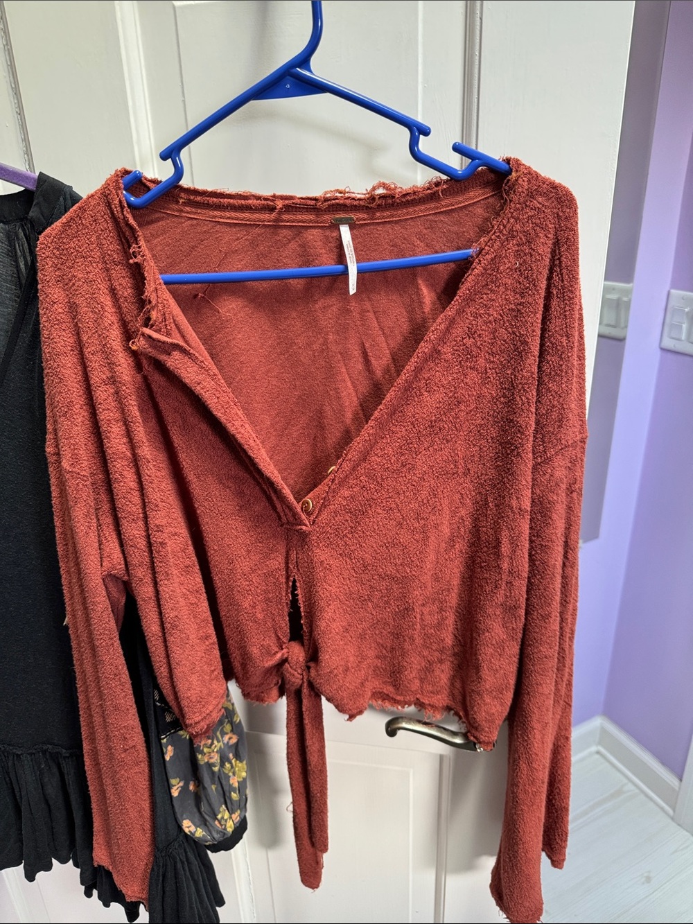Free People Distressed Tie-Front Ribbed Top - Rust